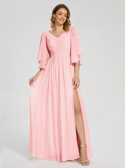 Giselle V-neck Half Sleeves Slit Bridesmaid Dress
