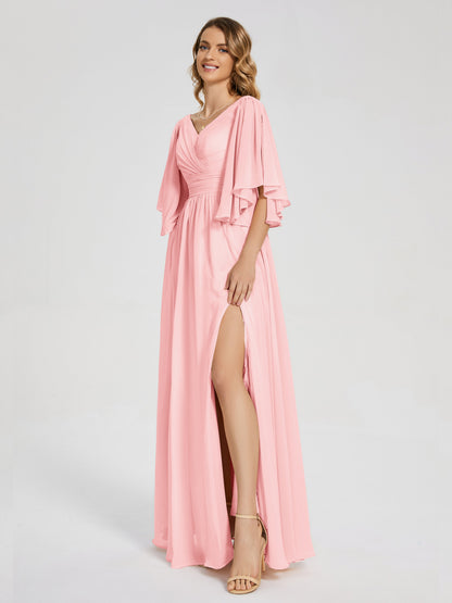 Giselle V-neck Half Sleeves Slit Bridesmaid Dress