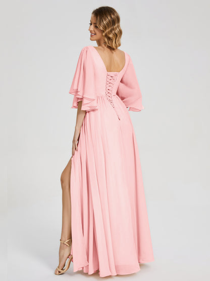 Giselle V-neck Half Sleeves Slit Bridesmaid Dress