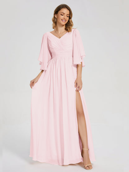 Giselle V-neck Half Sleeves Slit Bridesmaid Dress