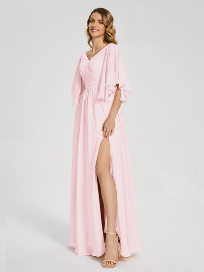 Giselle V-neck Half Sleeves Slit Bridesmaid Dress