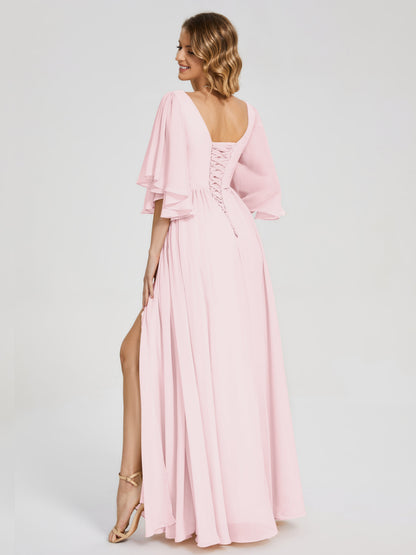 Giselle V-neck Half Sleeves Slit Bridesmaid Dress