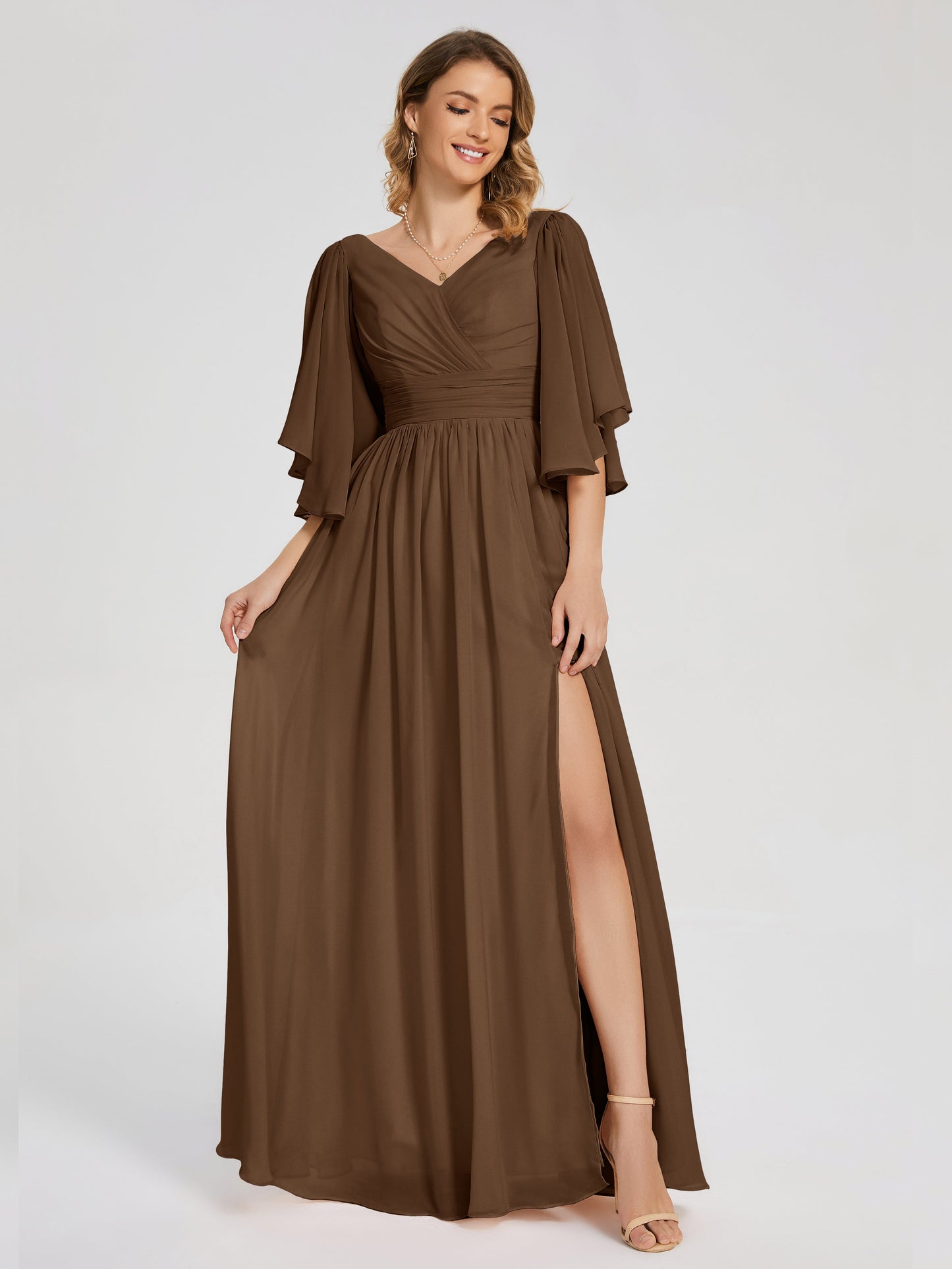 Giselle V-neck Half Sleeves Slit Bridesmaid Dress