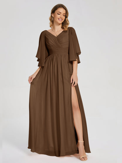 Giselle V-neck Half Sleeves Slit Bridesmaid Dress