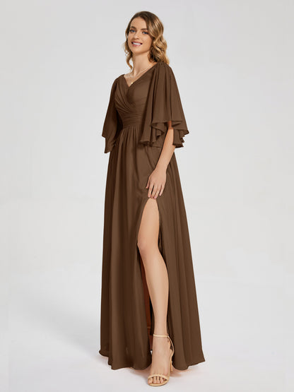 Giselle V-neck Half Sleeves Slit Bridesmaid Dress