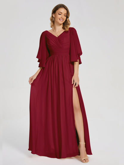 Giselle V-neck Half Sleeves Slit Bridesmaid Dress