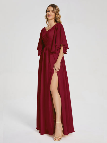 Giselle V-neck Half Sleeves Slit Bridesmaid Dress