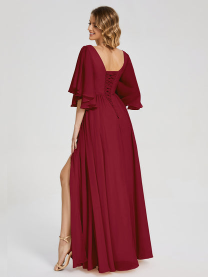 Giselle V-neck Half Sleeves Slit Bridesmaid Dress