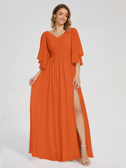 Giselle V-neck Half Sleeves Slit Bridesmaid Dress