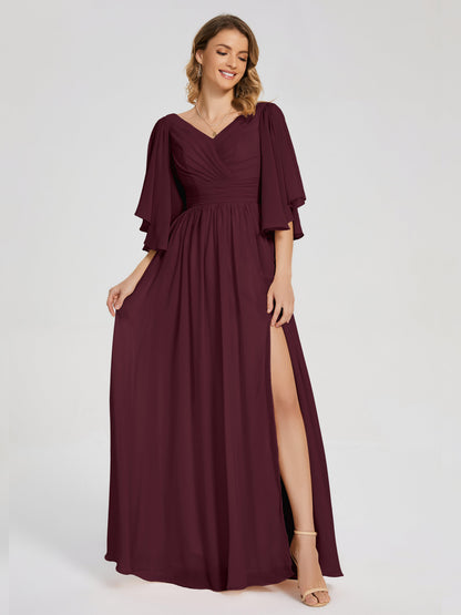 Giselle V-neck Half Sleeves Slit Bridesmaid Dress