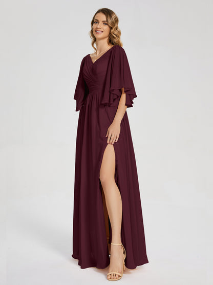 Giselle V-neck Half Sleeves Slit Bridesmaid Dress