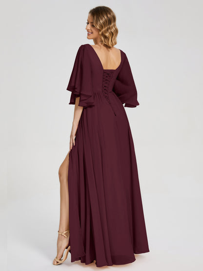 Giselle V-neck Half Sleeves Slit Bridesmaid Dress