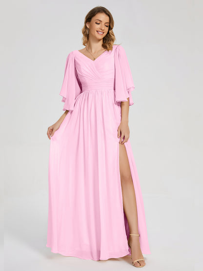 Giselle V-neck Half Sleeves Slit Bridesmaid Dress