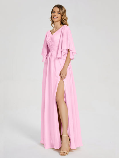 Giselle V-neck Half Sleeves Slit Bridesmaid Dress