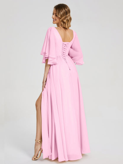 Giselle V-neck Half Sleeves Slit Bridesmaid Dress