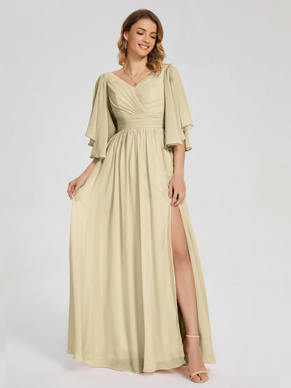 Giselle V-neck Half Sleeves Slit Bridesmaid Dress