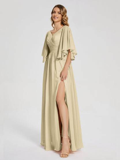 Giselle V-neck Half Sleeves Slit Bridesmaid Dress