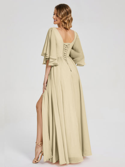 Giselle V-neck Half Sleeves Slit Bridesmaid Dress