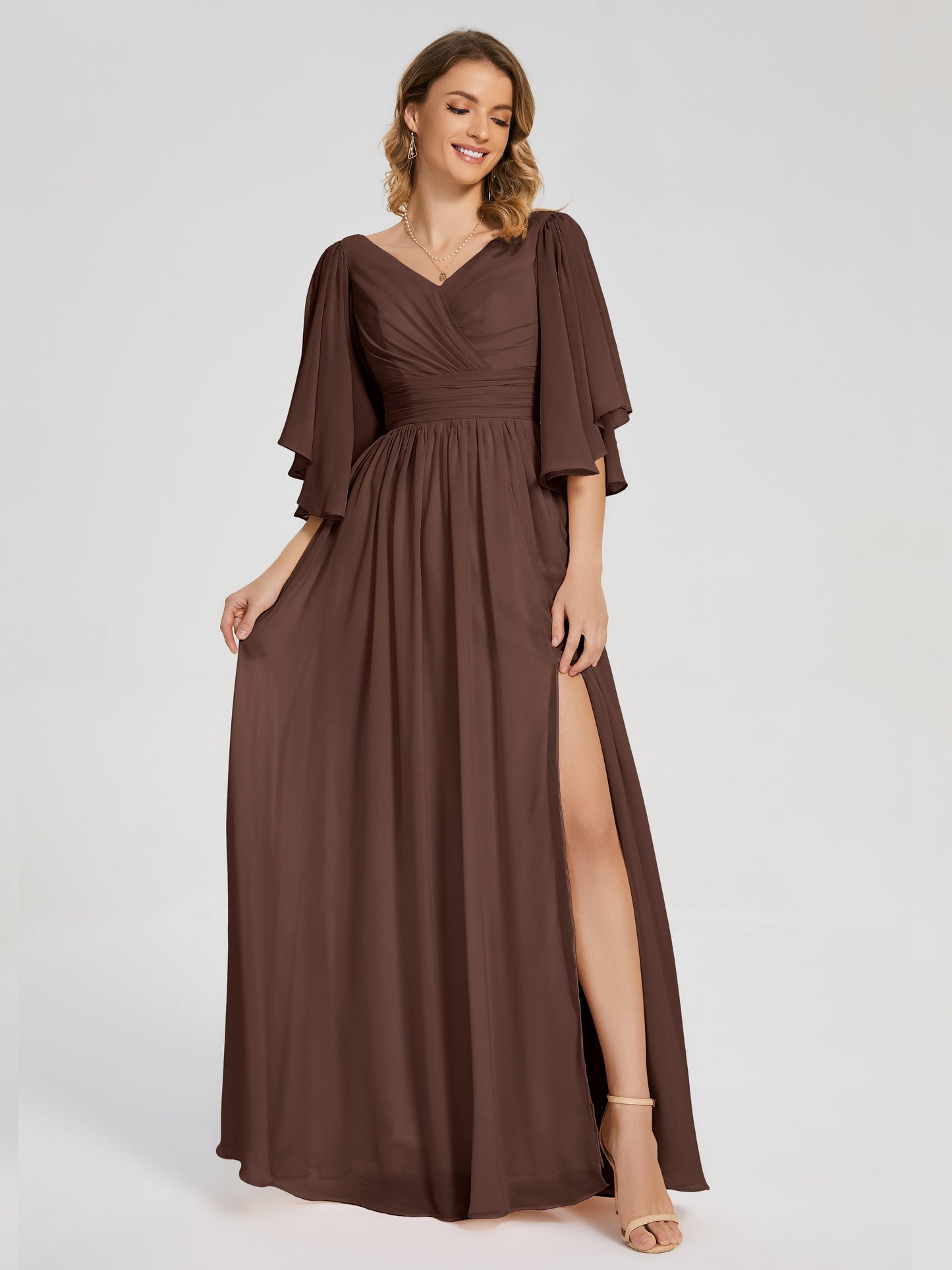 Giselle V-neck Half Sleeves Slit Bridesmaid Dress