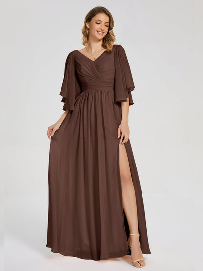 Giselle V-neck Half Sleeves Slit Bridesmaid Dress