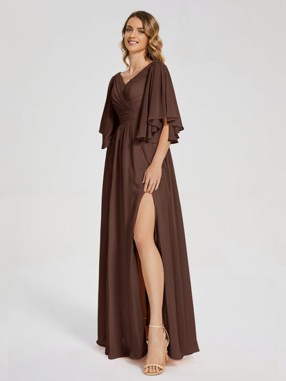 Giselle V-neck Half Sleeves Slit Bridesmaid Dress