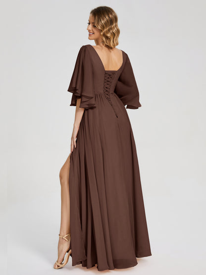 Giselle V-neck Half Sleeves Slit Bridesmaid Dress