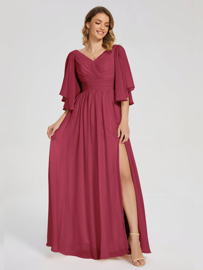 Giselle V-neck Half Sleeves Slit Bridesmaid Dress