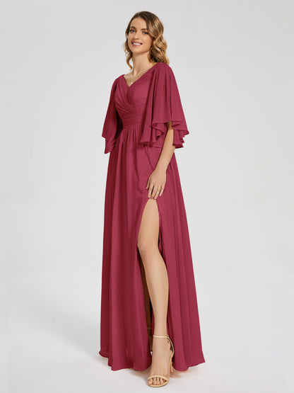 Giselle V-neck Half Sleeves Slit Bridesmaid Dress