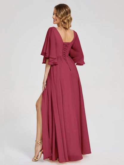 Giselle V-neck Half Sleeves Slit Bridesmaid Dress