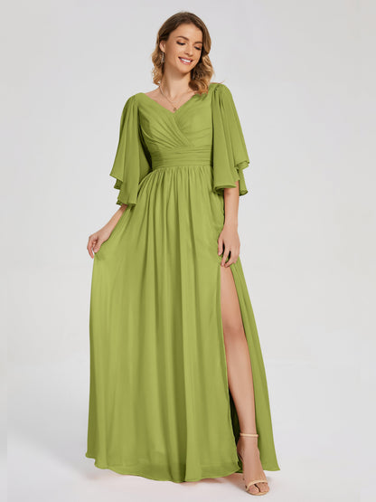 Giselle V-neck Half Sleeves Slit Bridesmaid Dress