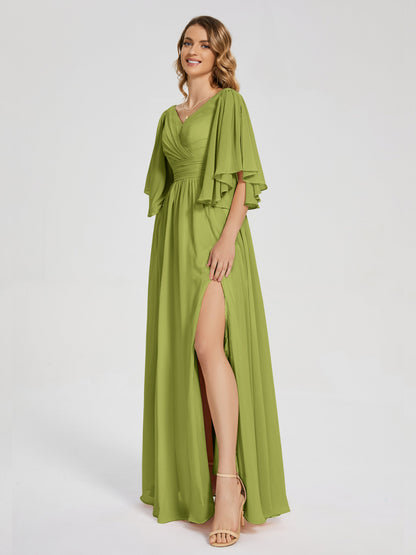 Giselle V-neck Half Sleeves Slit Bridesmaid Dress