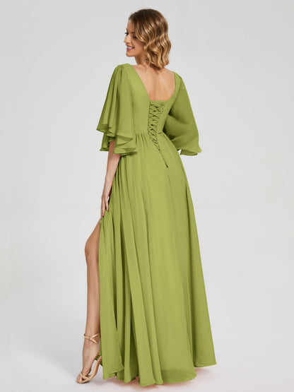 Giselle V-neck Half Sleeves Slit Bridesmaid Dress