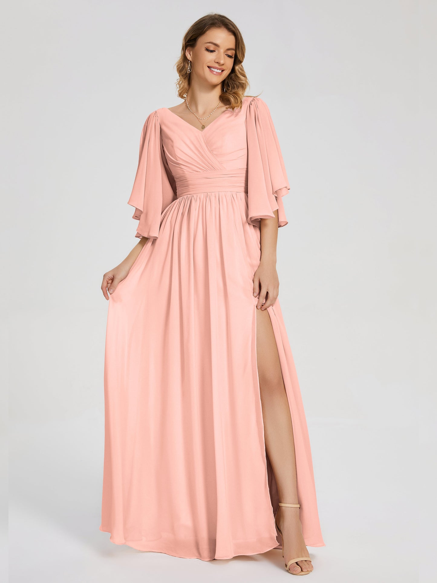 Giselle V-neck Half Sleeves Slit Bridesmaid Dress