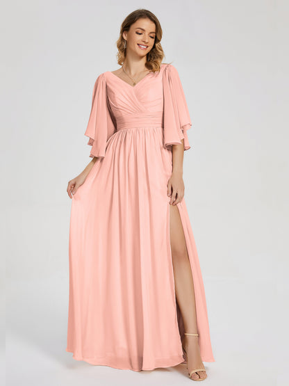 Giselle V-neck Half Sleeves Slit Bridesmaid Dress