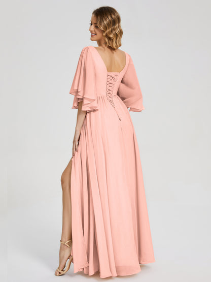 Giselle V-neck Half Sleeves Slit Bridesmaid Dress