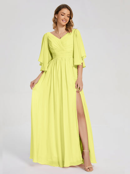 Giselle V-neck Half Sleeves Slit Bridesmaid Dress