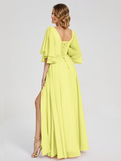 Giselle V-neck Half Sleeves Slit Bridesmaid Dress
