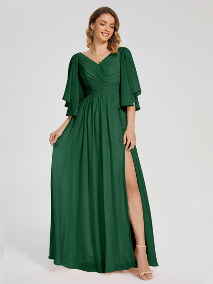 Giselle V-neck Half Sleeves Slit Bridesmaid Dress