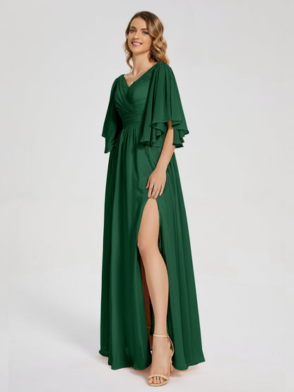 Giselle V-neck Half Sleeves Slit Bridesmaid Dress
