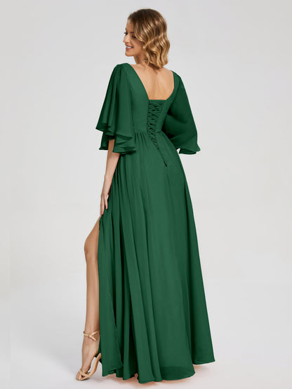 Giselle V-neck Half Sleeves Slit Bridesmaid Dress