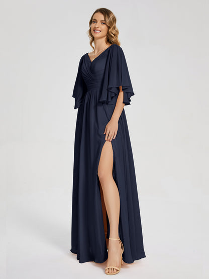Giselle V-neck Half Sleeves Slit Bridesmaid Dress