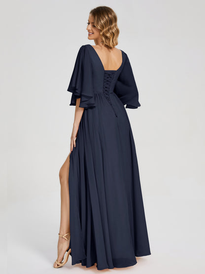 Giselle V-neck Half Sleeves Slit Bridesmaid Dress