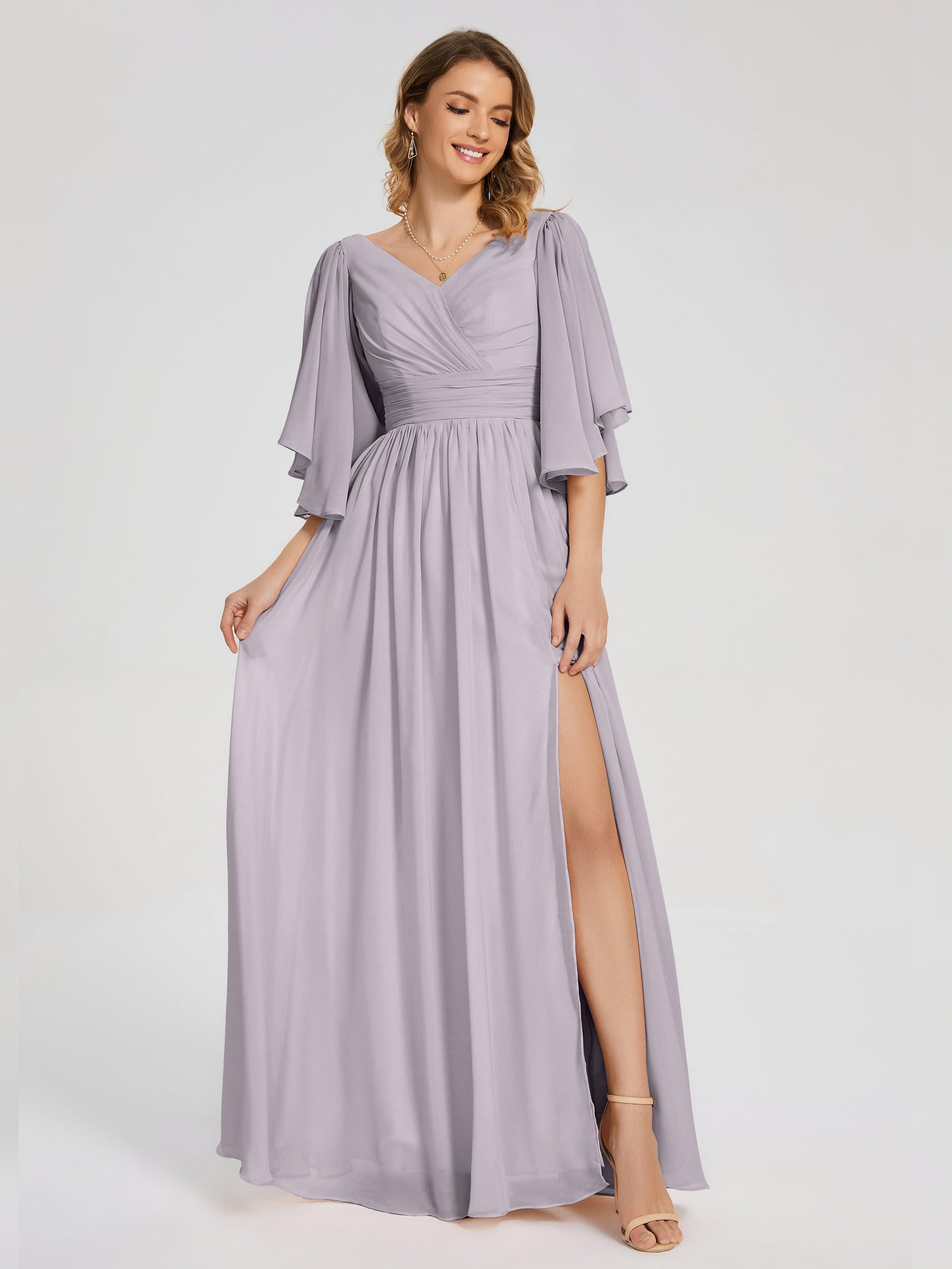 Giselle V-neck Half Sleeves Slit Bridesmaid Dress
