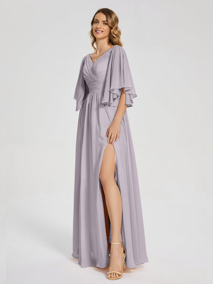 Giselle V-neck Half Sleeves Slit Bridesmaid Dress