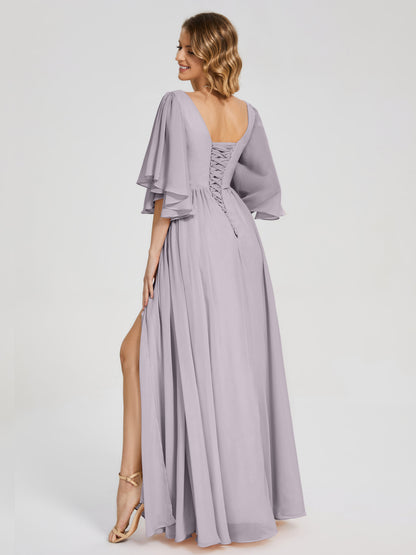 Giselle V-neck Half Sleeves Slit Bridesmaid Dress