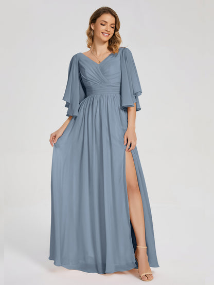 Giselle V-neck Half Sleeves Slit Bridesmaid Dress