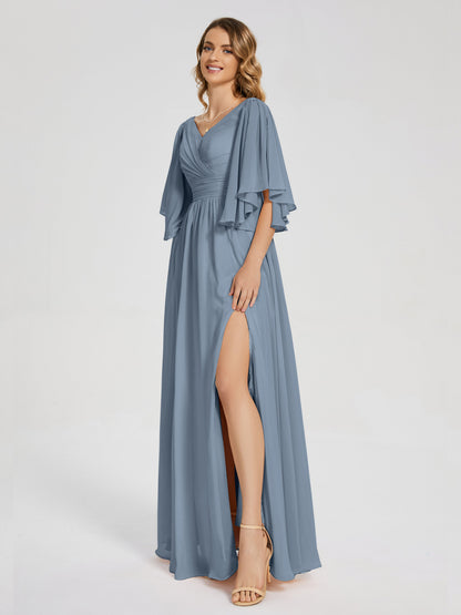 Giselle V-neck Half Sleeves Slit Bridesmaid Dress