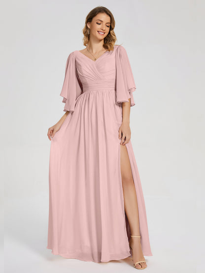 Giselle V-neck Half Sleeves Slit Bridesmaid Dress