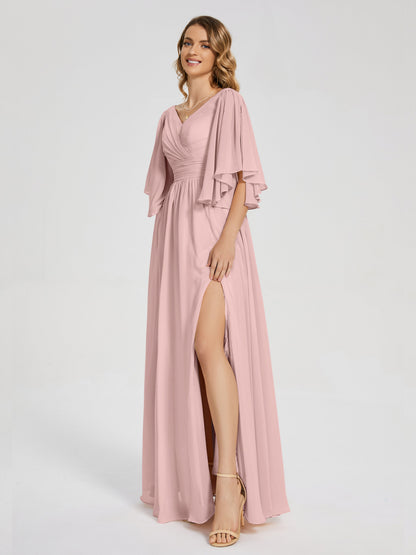 Giselle V-neck Half Sleeves Slit Bridesmaid Dress