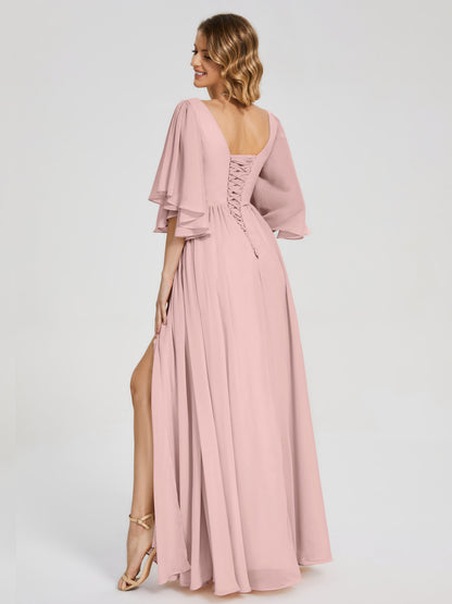 Giselle V-neck Half Sleeves Slit Bridesmaid Dress